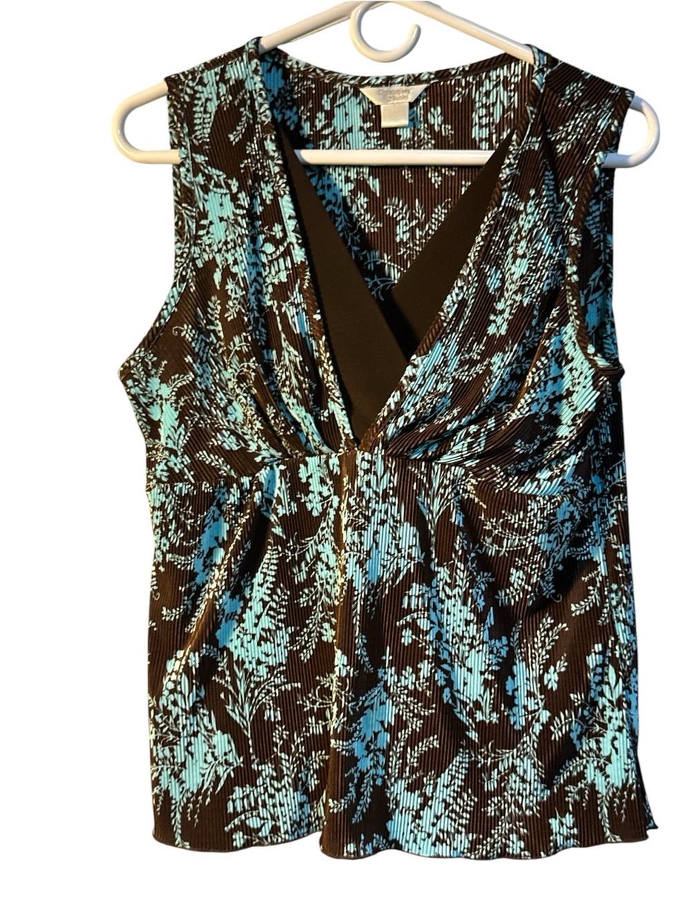 Christopher & Banks Brown and Aqua Floral V-Neck Sleeveless Top